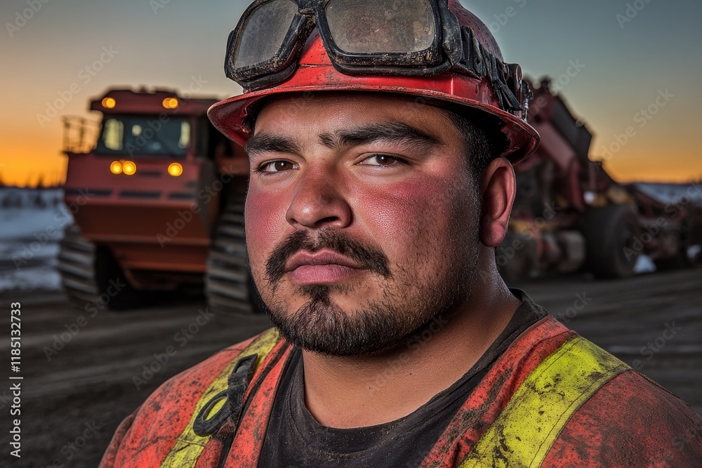 Fototapeta premium Close-Up Portrait of a Male Construction Worker with Hard Hat and Goggles, Showing Determination and Strength Against a Sunset Background at a Mining Site