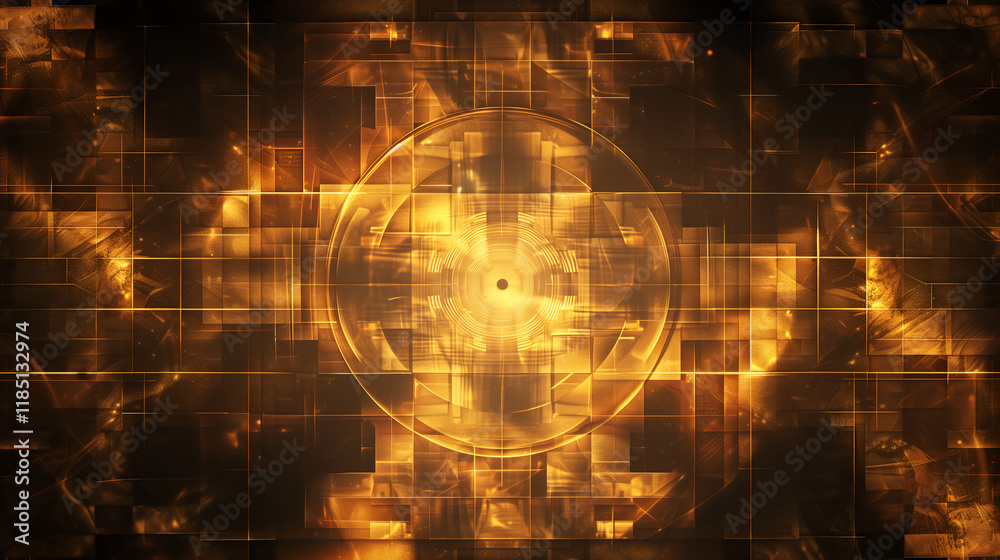 Obraz premium Abstract Golden Geometric Illustration Featuring Glowing Circular Pattern for Technology and Design Projects