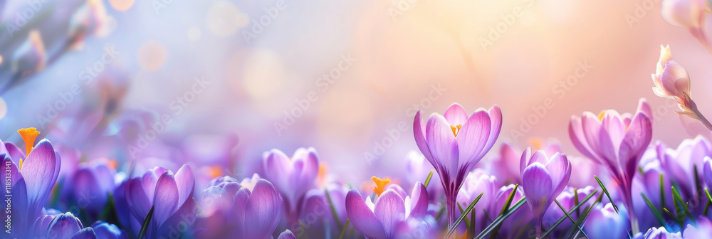 Purple crocuses in full bloom. Spring flowers in the garden. Defocused image, bokeh background. Spring banner. Purple crocuses in full bloom. Spring flowers in the garden. Defocused image, bokeh background. Spring banner.