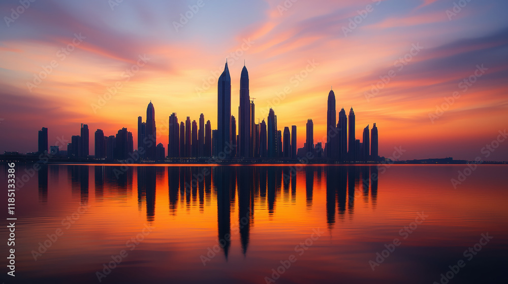 Fototapeta premium Sunset Silhouettes of Majestic Steel and Glass Skyscrapers Reflecting Vibrant Orange and Pink Hues, Showcasing the Interplay of Human Achievement and Nature’s Beauty
