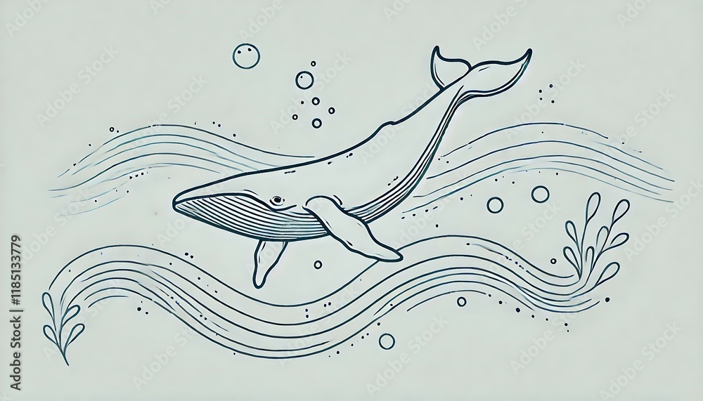 Minimalistic line-art of a whale swimming gracefully underwater, surrounded by gentle ripples and bubbles. Minimalistic line-art of a whale swimming gracefully underwater, surrounded by gentle ripples and bubbles.