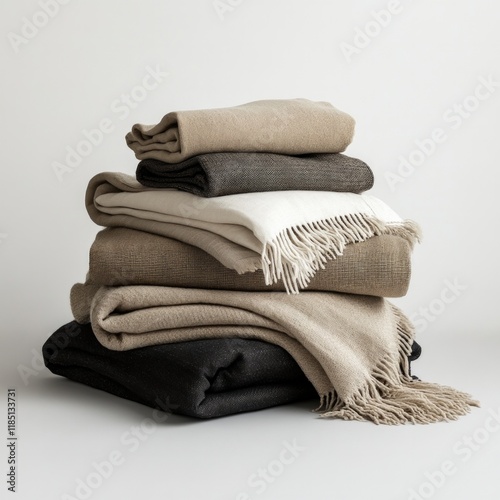Neatly stacked neutral-colored blankets on white background