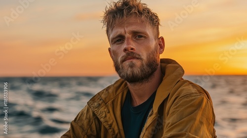 Sailor gazes into the horizon as the sun sets over calm ocean waters