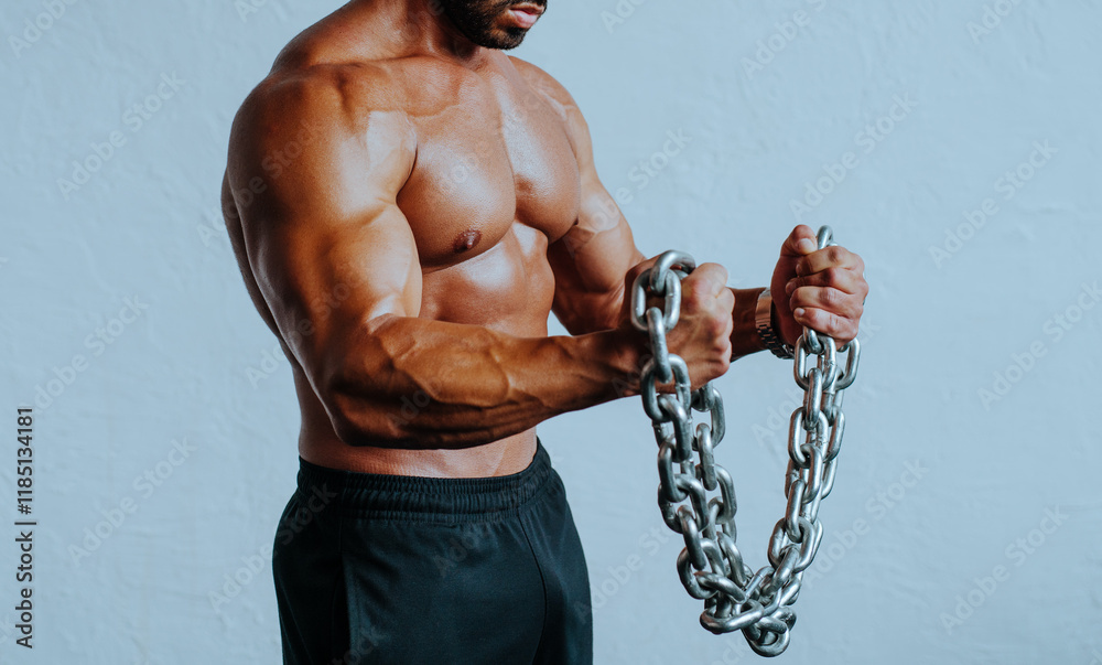Fototapeta premium Young strong man bodybuilder with heavy chain on white wall background