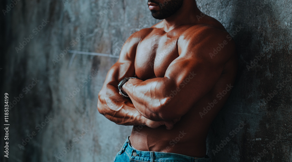 Naklejka premium Young strong man bodybuilder on dark stone wall background