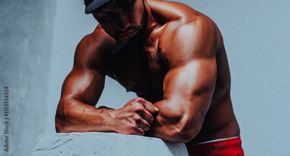 Naklejka premium Young strong man bodybuilder portrait