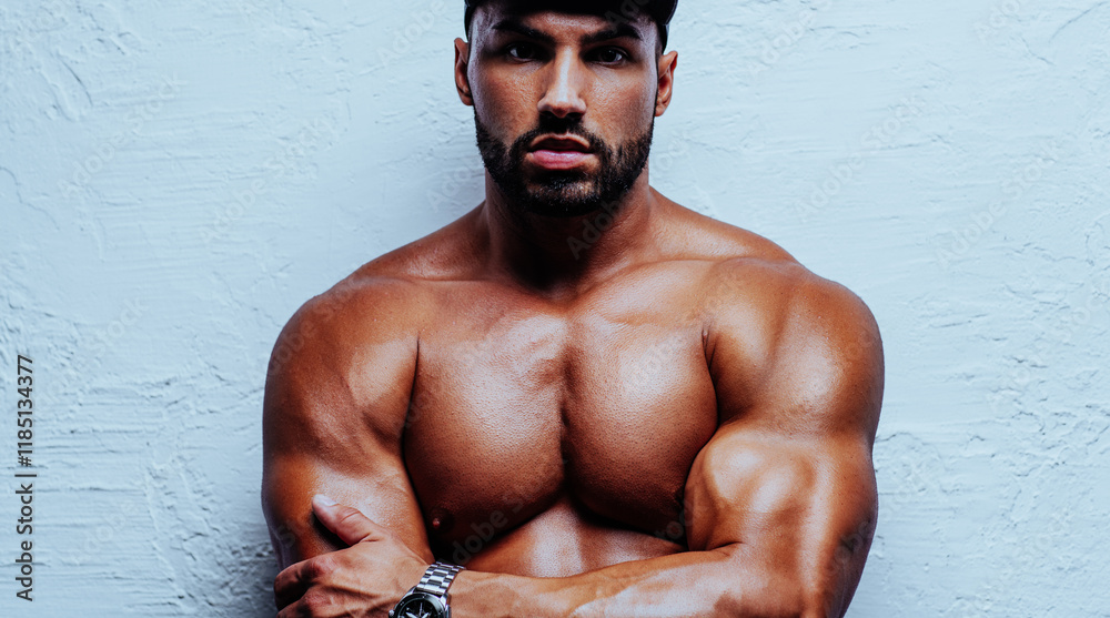 Naklejka premium Young strong man bodybuilder portrait on white wall background