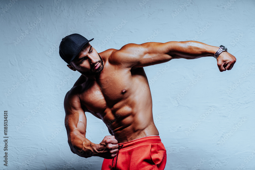 Naklejka premium Young strong man bodybuilder portrait on white wall background