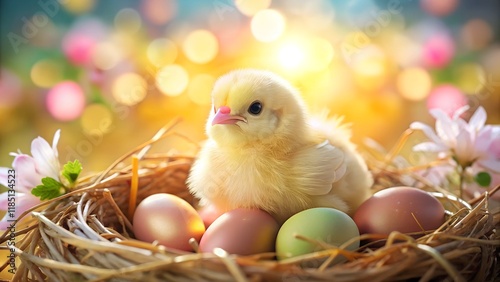 A fluffy yellow chick sitting in a nest filled with colorful Easter eggs, surrounded by flowers and warm sunlight. A cheerful scene perfect for celebrating Easter or spring themes.