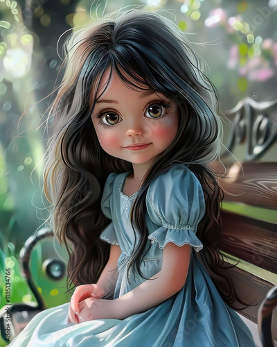 Adorable dollstyle portrait of a little girl, with long dark hair and a pale blue dress, captivating in an artful cartoon aesthetic. photo