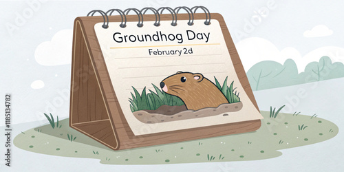 Groundhog Day, February 2nd - calendar note. Groundhog Day, February 2nd - handwriting and wood block calendar, American tradition which celebrates the weather prediction made by a groundhog. Vector 