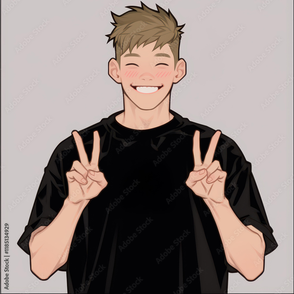 A cheerful boy gives a peace sign in a stylish shirt, exuding happiness against a pure white backdrop in cartoon art. A cheerful boy gives a peace sign in a stylish shirt, exuding happiness against a pure white backdrop in cartoon art.