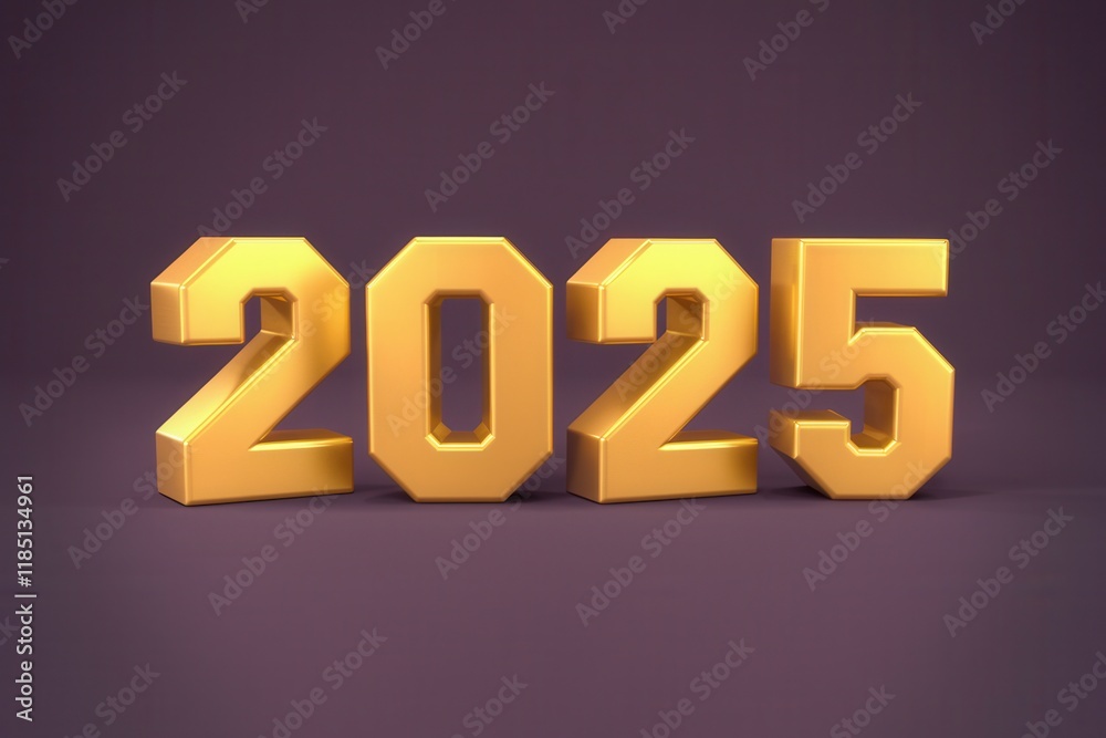 Goldene 3D-Text '2025' auf purpurnem Hintergrund Goldene 3D-Text '2025' auf purpurnem Hintergrund