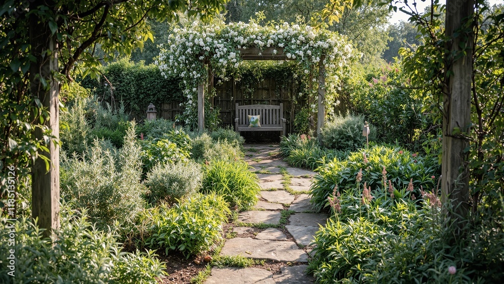 Tranquil herb garden with stone path rosemary thyme and basil Wooden bench under jasmine covered pergola Tranquil herb garden with stone path rosemary thyme and basil Wooden bench under jasmine covered pergola