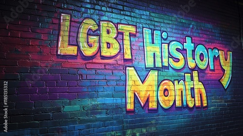 Brick Wall with Vibrant Rainbow Gradient and 'LGBT History Month' Graffiti