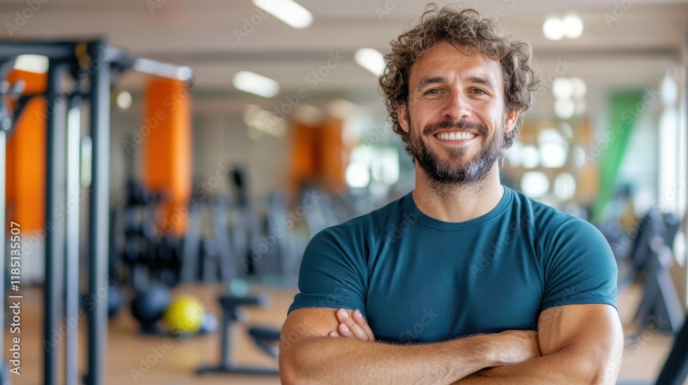 Professional fitness coach smiling confidently in a modern gym setting Professional fitness coach smiling confidently in a modern gym setting