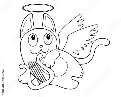 Funny cartoon cat with angel wings, a nimbus and a harp. Cat angel playing the lyre in flight. Funny cute cat - cupid - vector linear character for coloring book. Outline.	