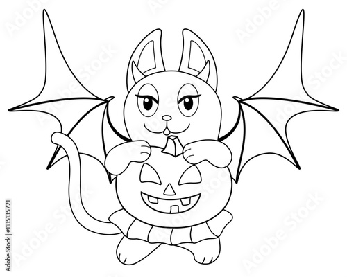 Cat girl in a bat costume and a skirt with a pumpkin in her paws - vector linear picture for coloring. Halloween picture of a cat with Jack's lantern and bat wings - an element for coloring. Outline.	