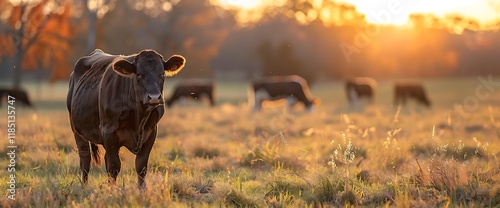 Cow in pasture at sunset, other cattle blurred in background.