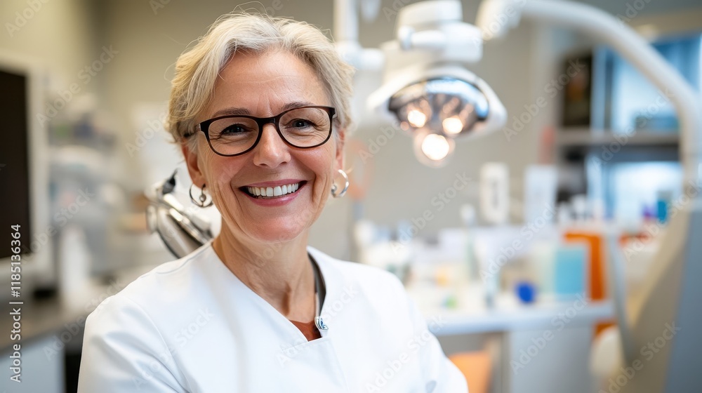 Fototapeta premium Senior woman expresses joy at dentist's office with a bright smile