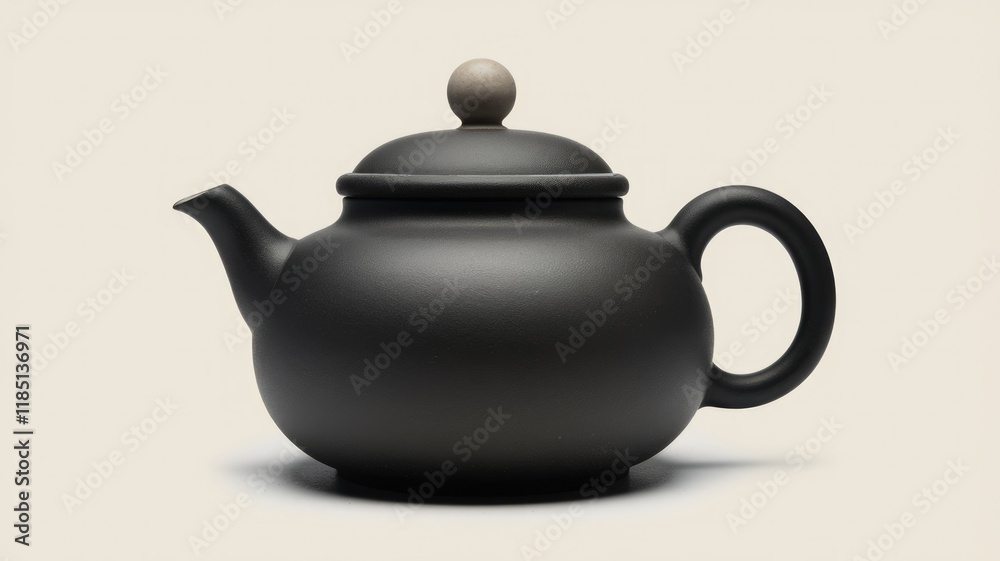 A sleek, black teapot with a small, rounded lid, perfect for a calming tea ceremony. A sleek, black teapot with a small, rounded lid, perfect for a calming tea ceremony.