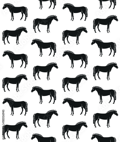 Vector seamless pattern of hand drawn sketch doodle fjord horse isolated on white background