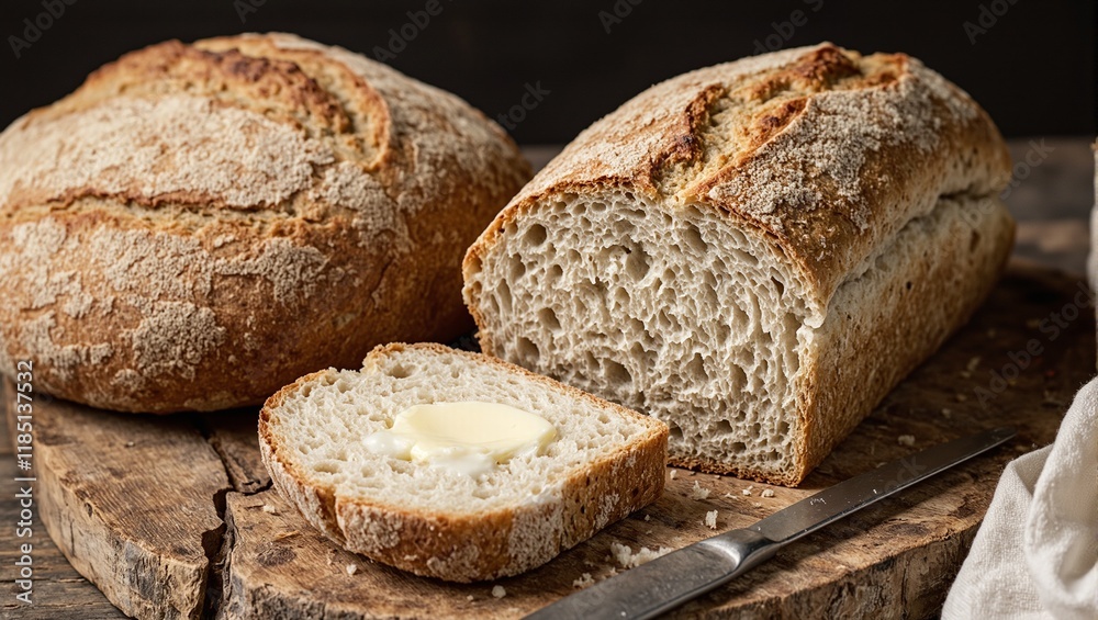 Freshly sliced sourdough bread with melting butter on rustic wooden table Freshly sliced sourdough bread with melting butter on rustic wooden table