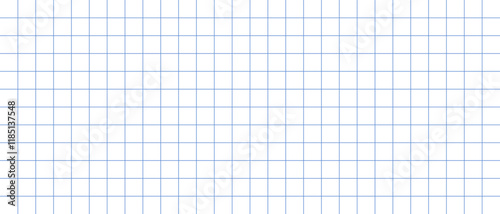 Horizontal banner in small blue check. Vector illustration of empty clean sheet of paper in cage for works on mathematics, geometry. Design for web page of online classes for children, students.