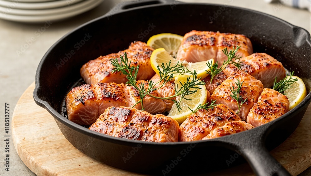 Freshly seared salmon fillets in a cast iron pan with lemon wedges and dill on a wooden board Freshly seared salmon fillets in a cast iron pan with lemon wedges and dill on a wooden board