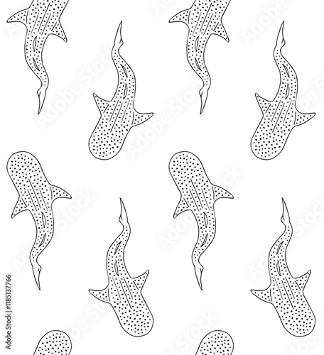 Vector seamless pattern of hand drawn sketch doodle outline whale shark isolated on white background