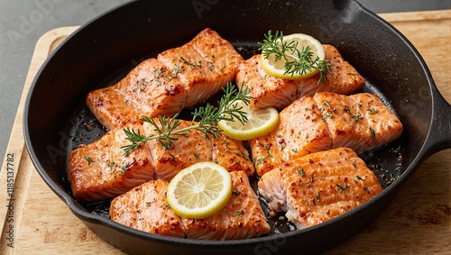 Freshly seared salmon fillets in a cast iron pan with lemon wedges and dill on a wooden board