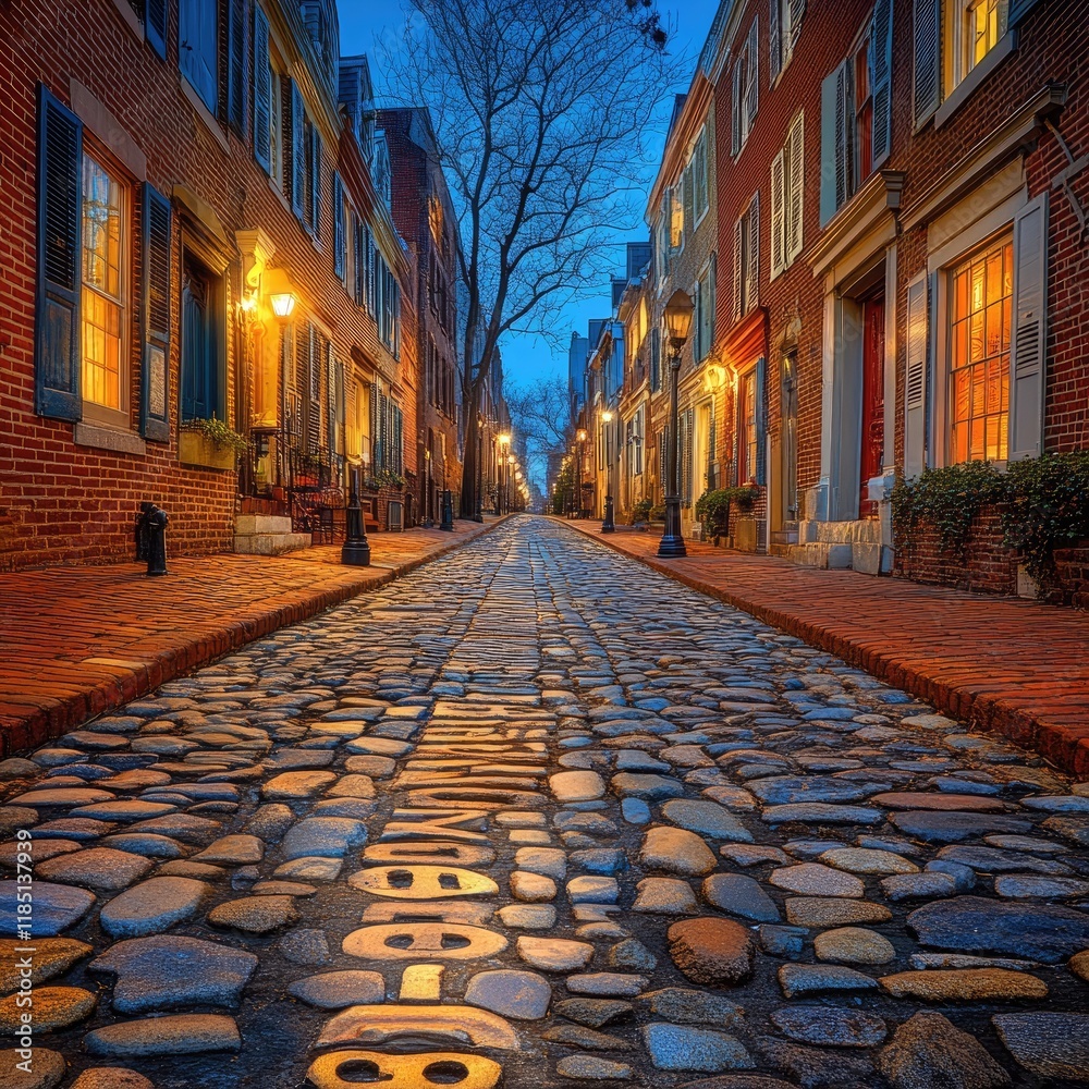 Fototapeta premium Cobblestone street illuminated at dusk, showcasing historic buildings.