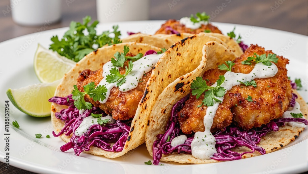 Delicious golden brown fish tacos with purple cabbage slaw lime sauce and fresh cilantro served with lime wedges Delicious golden brown fish tacos with purple cabbage slaw lime sauce and fresh cilantro served with lime wedges