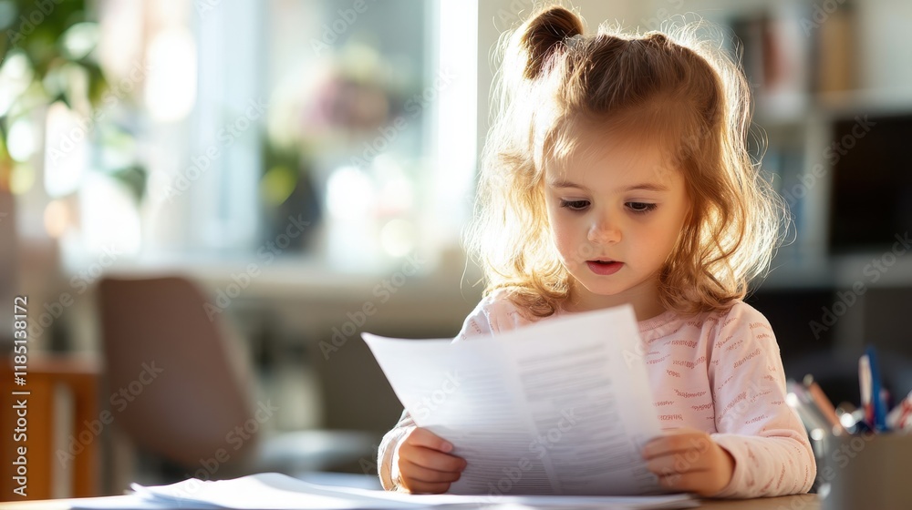 Young woman immersed in reading papers while working from home Young woman immersed in reading papers while working from home
