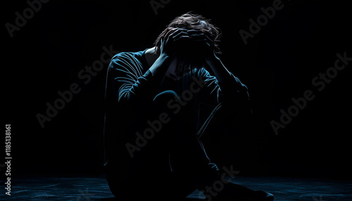 Woman holding his head in his hands sitting on floor over black background. Despair, depression, hopelessness concept photo