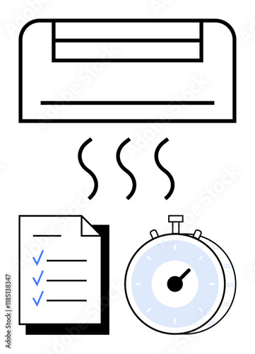 Air conditioner emitting cool air, stopwatch for timing, checklist for tasks. Ideal for time management, productivity, home comfort, planning, energy efficiency, workflow optimization abstract line
