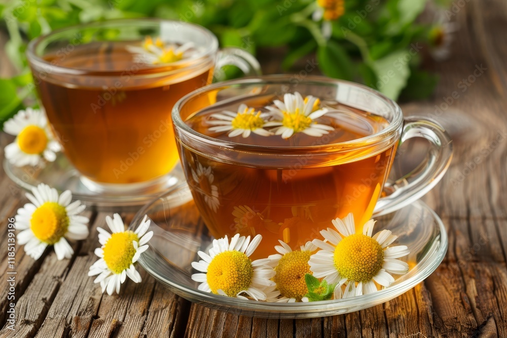 Close up of herbal chamomile tea in a cup, showcasing its color and texture beautifully Close up of herbal chamomile tea in a cup, showcasing its color and texture beautifully