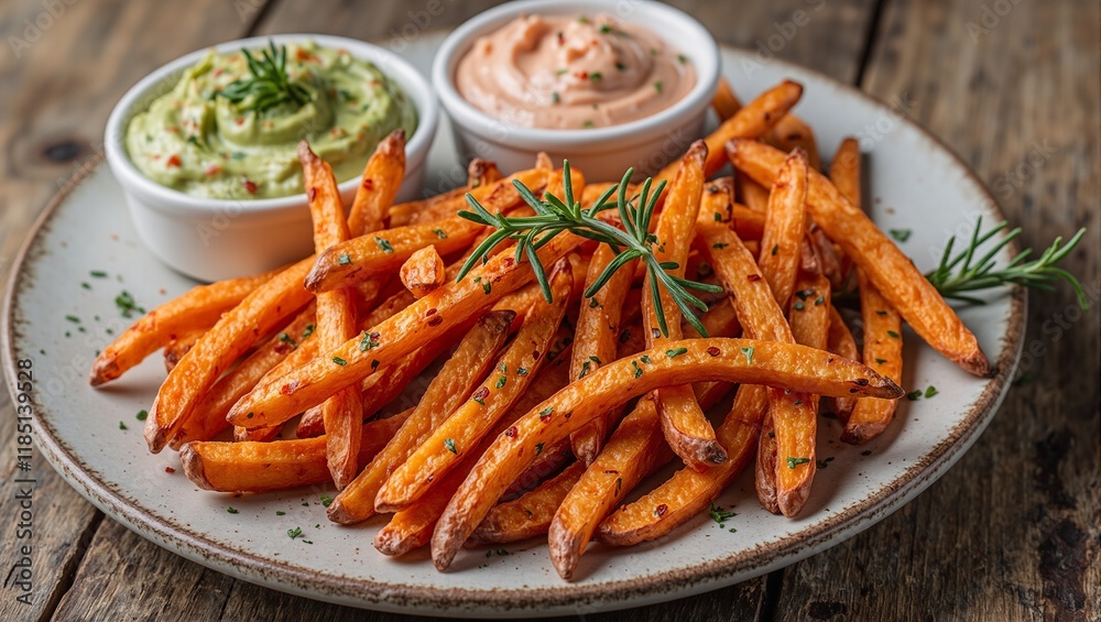 Delicious sweet potato fries with avocado dip and chipotle mayo on a rustic table Delicious sweet potato fries with avocado dip and chipotle mayo on a rustic table