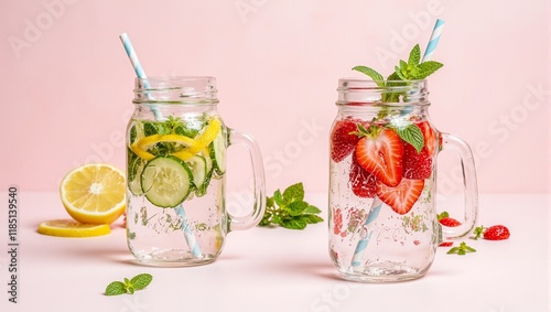 Vibrant fruit infused waters in mason jars lemon cucumber and strawberry mint on pink backdrop with fresh ingredients photo