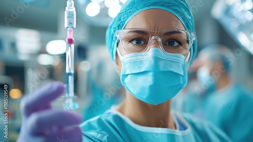 Surgical nurse administering medicine through IV drip in a busy operating room