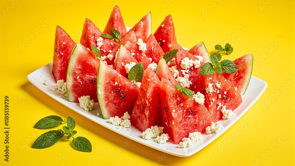 Fresh watermelon wedges with feta cheese and mint leaves on yellow background Fresh watermelon wedges with feta cheese and mint leaves on yellow background