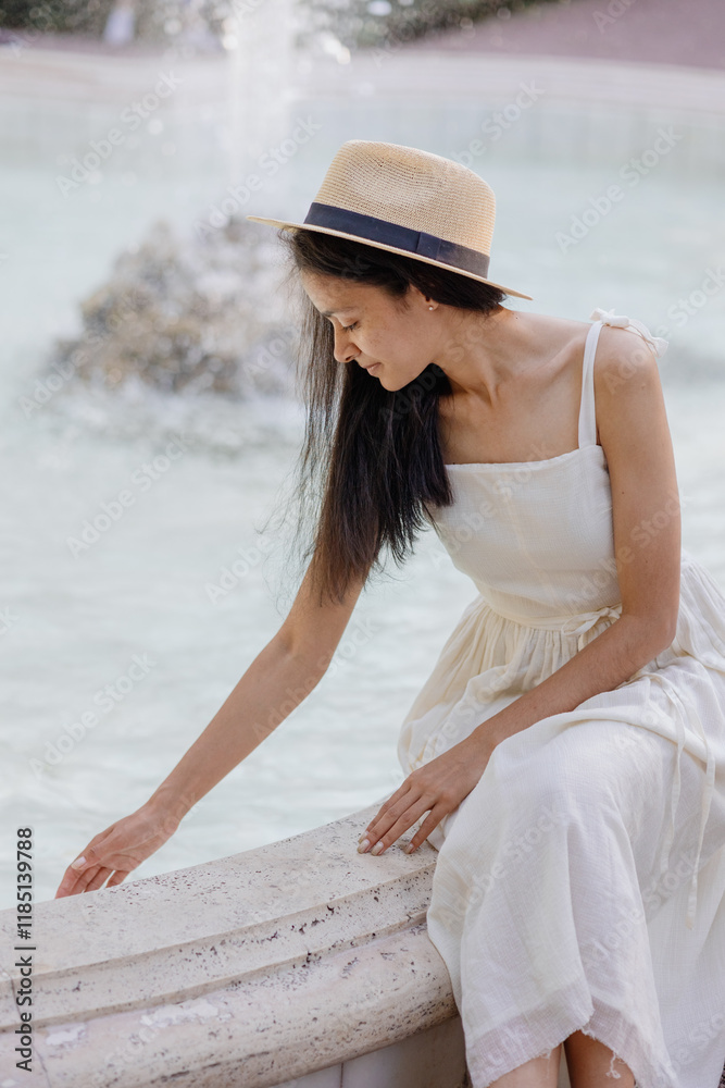 young Africa American woman in white dress and straw hat sits by white marble fountain and touches water with her hand. daytime for relaxing in park public place. incredible female fashion model. young Africa American woman in white dress and straw hat sits by white marble fountain and touches water with her hand. daytime for relaxing in park public place. incredible female fashion model.
