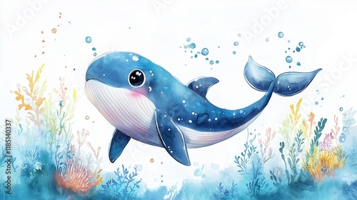 Cute watercolor whale swimming underwater with corals and bubbles. Ocean themed decor designs photo