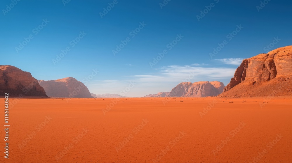 Fototapeta premium Wilderness and desert pristine, A vast desert landscape featuring red sands and distant mountains under a bright blue sky, creating a striking natural scene.