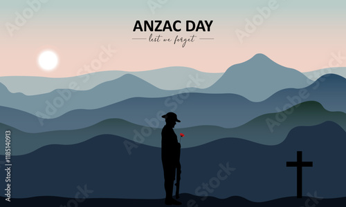 Vector illustration of beauty landscape. Remembrance day symbol. Lest we forget. Anzac day background with soldier.