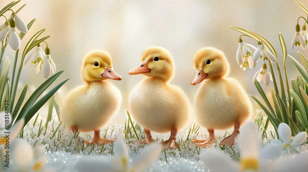 Cheerful ducklings waddling among spring flowers in a sunlit garden