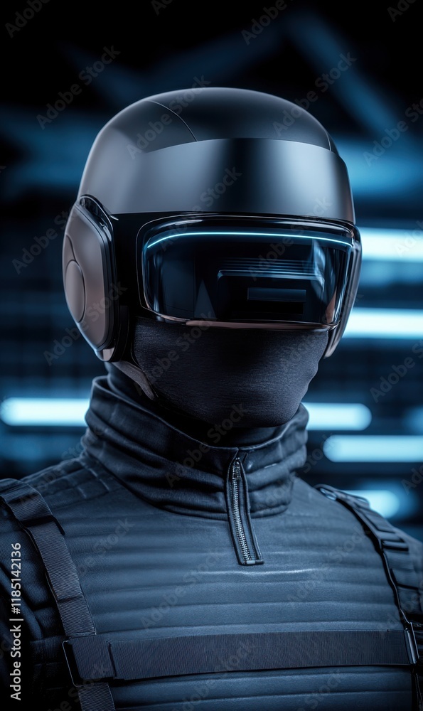 Futuristic Person with Sleek Helmet and High-Tech Armor in an Urban Setting with Neon Lights Futuristic Person with Sleek Helmet and High-Tech Armor in an Urban Setting with Neon Lights