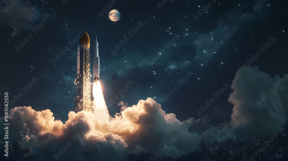 Obraz premium A futuristic moon-bound spacecraft blasts off from a towering building, seamlessly blending digital compositing with reality. Moonbound. Illustration