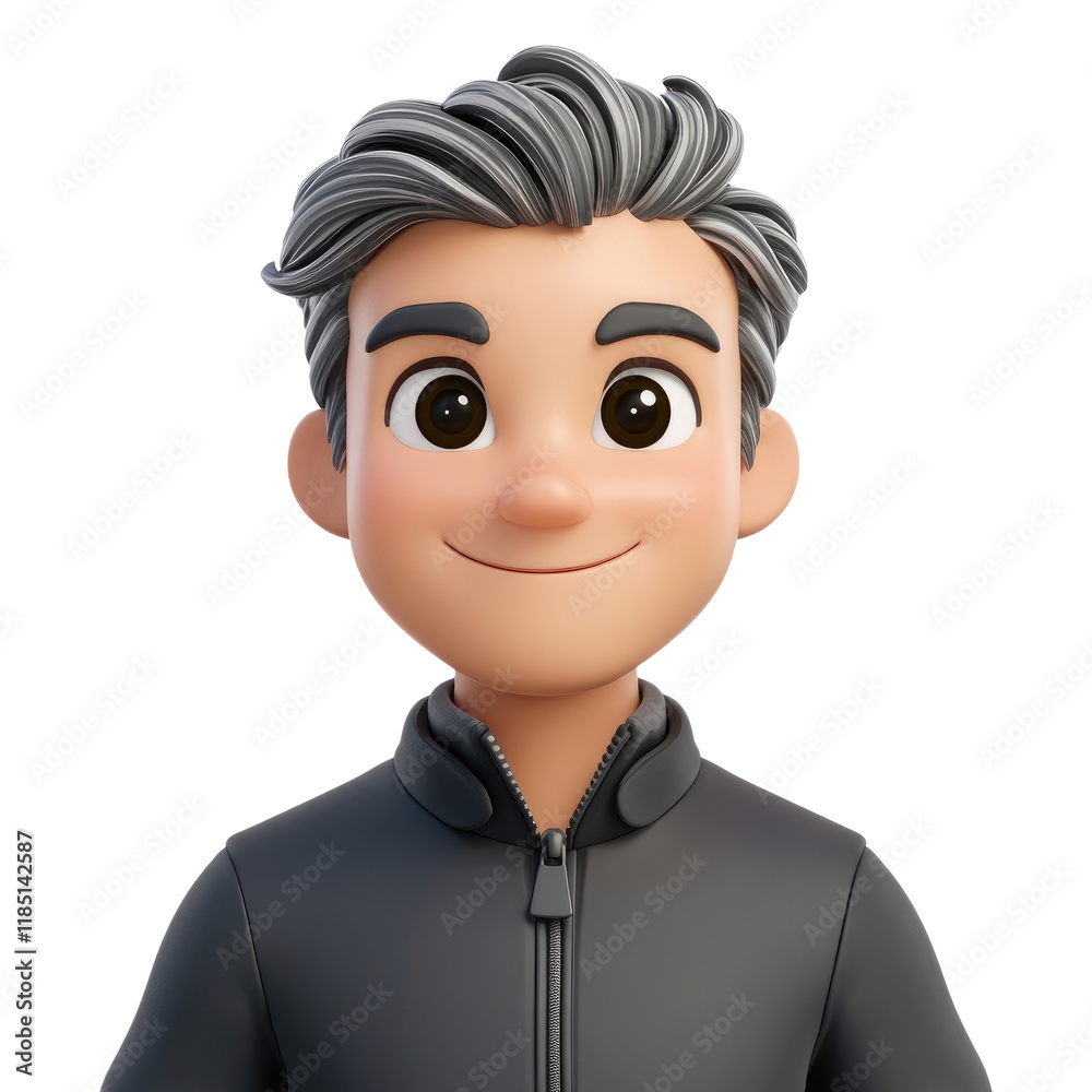 Memoji of a European man with gray streaks in hair wearing a black jacket on a transparent background Memoji of a European man with gray streaks in hair wearing a black jacket on a transparent background