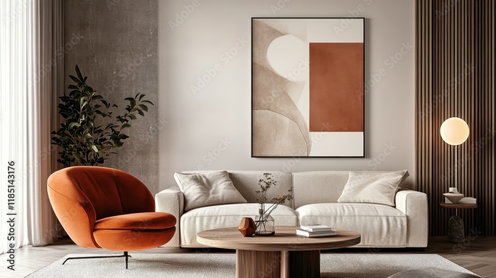 Fototapeta premium Modern living room, minimalist design, beige sofa, orange accent chair, round wooden coffee table, abstract wall art, floor lamp, potted plant, textured wall, neutral color palette, clean lines, cozy 